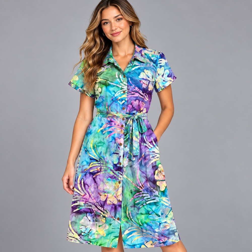Caribbean Joe Batik Floral Dress Womens M Blue Purple Green Short Sleeve Cotton